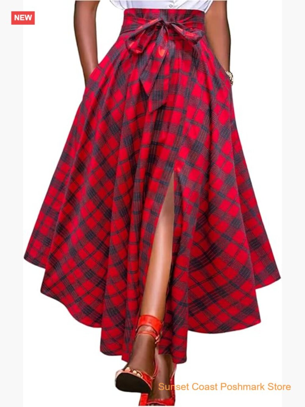 Plaid Flowy Slit Maxi Skirt Bow High Waist A Line Asymmetrical Hankerchief Skirt